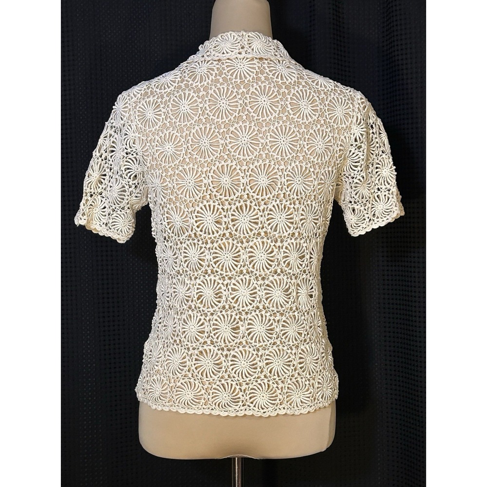 Vintage Crochet Lace Cream Romantic Boho Short Sleeve Button UP Sheer Top Blouse - Picture 6 of 7